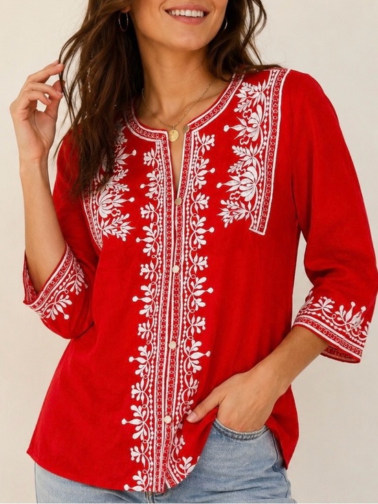 caro of Honolulu Tops - VTG Caro of Honolulu Red Embroidered Boho Tunic Top White Floral Folk S
